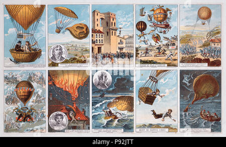 Collecting cards with pictures of events in ballooning history from 1795 to 1846 Stock Photo