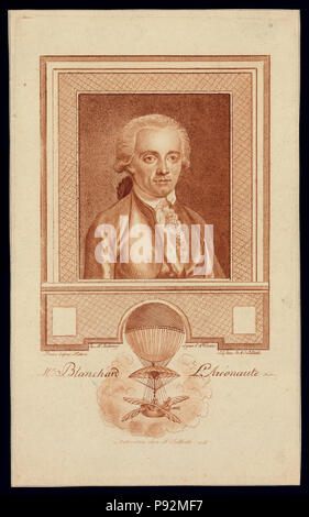 Head-and-shoulders portrait of French balloonist Jean-Pierre Blanchard. Includes image of Blanchard's balloon demonstrating his experiments with balloon navigation Stock Photo