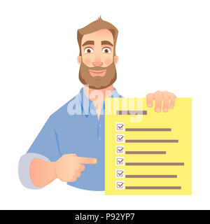 Man holding checklist. Businessman points to check list. illustration ...