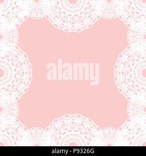White Round Lace Border on Pink Background. Vector Illustration. Stock Vector