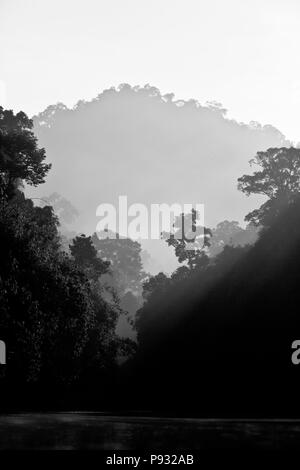 KARST FORMATIONS covered with tropical jungle surround CHEOW EN LAKE in KHAO SOK NATIONAL PARK - THAILAND Stock Photo