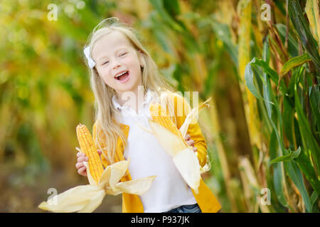 Adorable girl playing in a corn field on beautiful autumn day. Pretty child holding a cob of corn. Harvesting with kids. Autumn activities for childre Stock Photo
