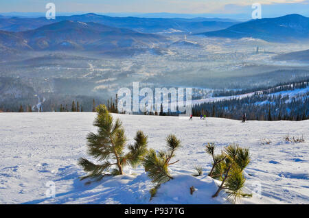 RUSSIA, SIBERIA, SHEREGESH - JANUARY 11, 2016: Sunny morning and ftosty mist over the ski resort Sheregesh - view from top of mountain with littlel pi Stock Photo