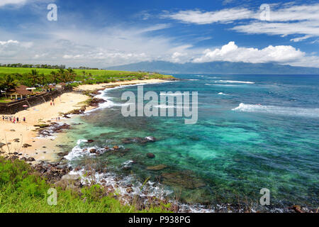 Famous Hookipa beach, popular surfing spot filled with a white sand beach, picnic areas and pavilions. Maui, Hawaii, USA. Stock Photo