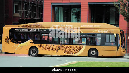 Reading has a system of buses which are colour coded according to their route on a map. Colours include; leopard, emerald, jet black, sky blue.... Stock Photo