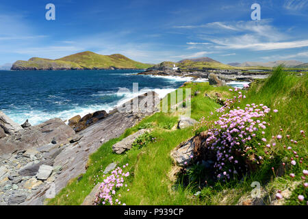 Beautiful view of Valentia Island Lighthouse at Cromwell Point. Locations worth visiting on the Wild Atlantic Way. Scenic Irish countyside on sunny su Stock Photo