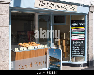 Cornish pasties on display in The Polperro Pasty Shop, Cornwall, England, UK Stock Photo