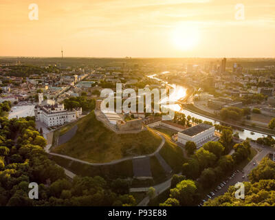 Aerial view of Gediminas' Tower, the remaining part of the Upper Castle in Vilnius. Sunset landscape of UNESCO-inscribed Old Town of Vilnius, the hear Stock Photo