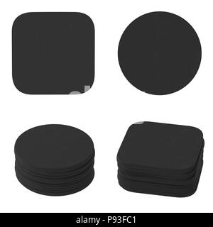 Set of black coasters. Isolated on white background. 3d render Stock Photo
