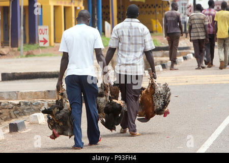 Kamdini, Uganda - city view. Flying dealers carry chickens on the street. Stock Photo