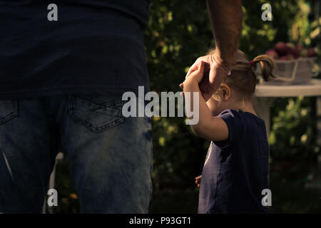 Cute little girl grabs her grandfather hand on garden. Stock Photo