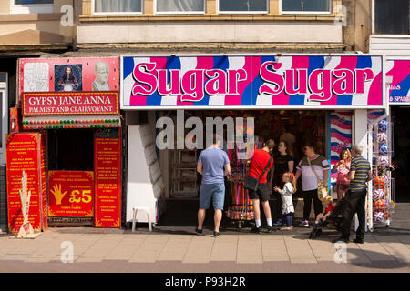 UK, England, Lancashire, Blackpool, Promenade, Palmist and Clairvoyant Gypsy Jane Anna next to Sugar Sugar sweet shop Stock Photo