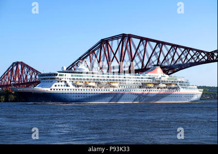 Cruise Ship Balmoral on River Forth going below the Forth Bridges Stock Photo