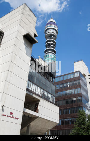 The BT Tower from New Cavendish Street (previously know as the GPO Tower, the Post Office Tower and the Telecom Tower). Stock Photo