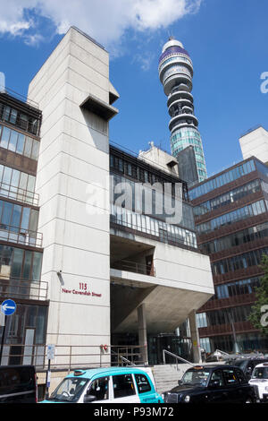 The BT Tower from New Cavendish Street (previously know as the GPO Tower, the Post Office Tower and the Telecom Tower). Stock Photo