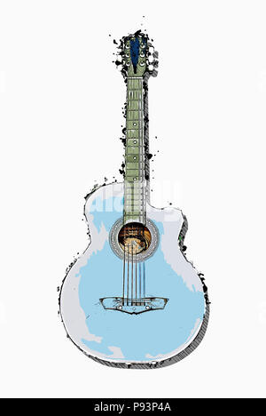 Abstract Guitar in the foreground Close up on Watercolor painting background. Stock Photo