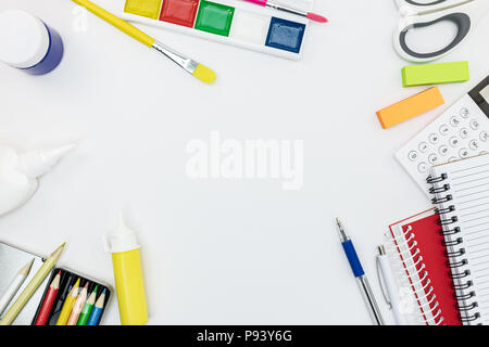 back to school concept. arrangement of school supplies and tools on white background Stock Photo
