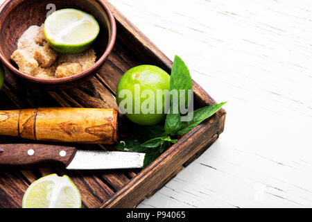 Mojito ingredients. Lime, mint and cane sugar Stock Photo