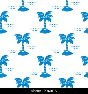 Seamless pattern with palm trees, coconuts and waves. Design for postcard, invitation, banner. Stock Vector