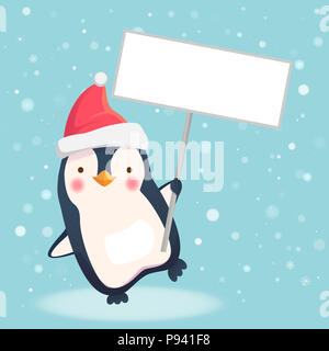 Penguin holding blank sign. Penguin cartoon illustration. Stock Photo