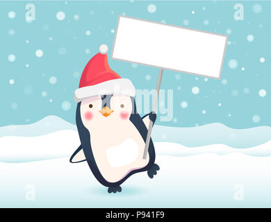 Penguin holding blank sign. Penguin cartoon illustration. Stock Photo