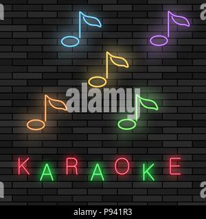Glowing Light Karaoke. Musical Logo with Notes. Colorful Line Icon. Sign Board of Music Bar Stock Vector