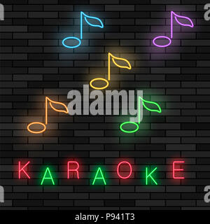 Glowing Light Karaoke. Musical Logo with Notes. Colorful Line Icon. Sign Board of Music Bar Stock Photo