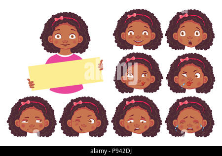 African girl holding blank poster. African american children. Set illustration Stock Photo