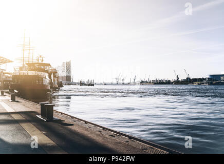 Sankt Pauli piers and waterfront in Hamburg in eary morning sunlight Stock Photo