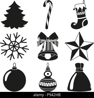 Black and white 9 xmas elements silhouette set. New year holiday decorations. Vector illustration for icon, logo, sticker, patch, label, badge, emblem Stock Vector
