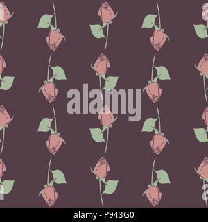 Seamless vector floral simple roses pattern. Natural colors - violet, pink and soft green Stock Vector