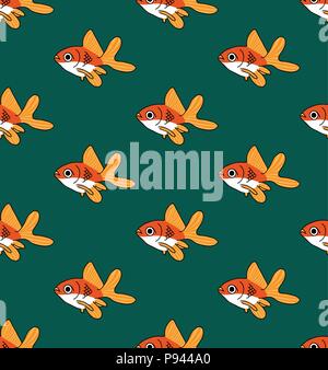 Colorful Goldfish on Green Teal Background. Vector Illustration. Stock Vector