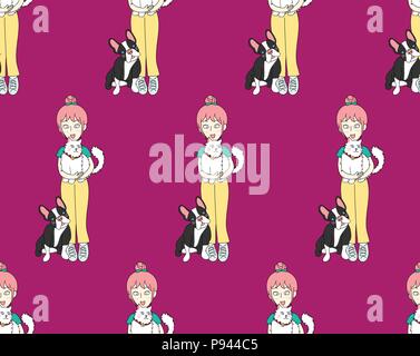Cute Girl Bun Hair with Cat and Dog on Purple Background. Vector Illustration. Stock Vector
