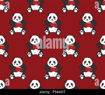 Cute Panda with Red Letter on Red Background. Vector Illustration. Stock Vector