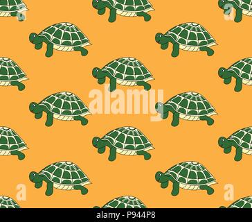 Green Turtle Seamless on Yellow Background. Vector Illustration. Stock Vector
