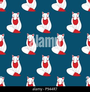 Kitsune Fox on Indigo Blue Background. Vector Illustration. Stock Vector