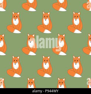 Cute Red Fox on Green Background. Vector Illustration. Stock Vector