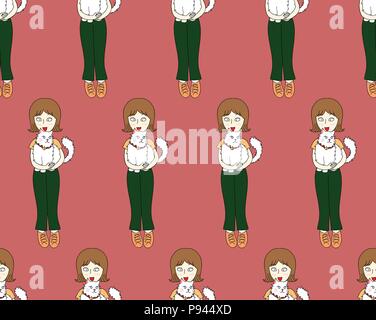 Short Hair Girl with Cat on Red Background. Vector Illustration. Stock Vector
