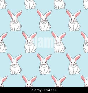 Cute White Rabbit on Blue Mint Background. Vector Illustration. Stock Vector