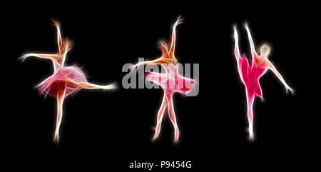 Fiery colorful ballerinas silhouette, isolated on black Stock Photo
