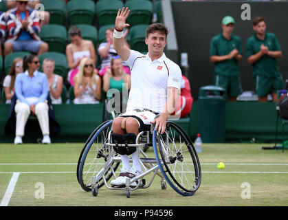 Gordon Reid celebrates winning the Gentlemen's Wheelchair Doubles final on day twelve of the Wimbledon Championships at the All England Lawn Tennis and Croquet Club, Wimbledon. Stock Photo