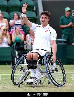 Gordon Reid celebrates after winning the Gentlemen's Wheelchair doubles final on day twelve of the Wimbledon Championships at the All England Lawn Tennis and Croquet Club, Wimbledon. Stock Photo