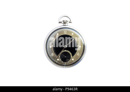 Closeup of a beautiful retro style black and silver pocket watch isolated on white background. Stock Photo