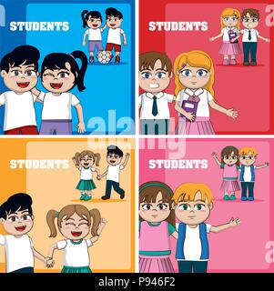 Back to school set of cards with kids students cartoons vector illustration graphic design Stock Vector