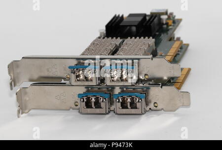 Network controller 10 Gb with Fiber optics LC duplex socket connectors, isolated on white background Stock Photo