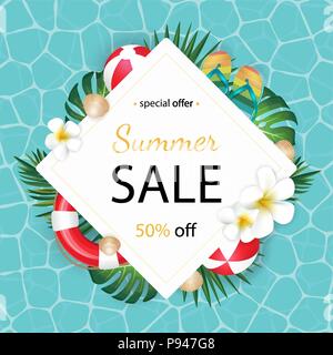 Summer sale background with tropical palm and plumeria, Lifebuoy, flip flops. Stock Vector
