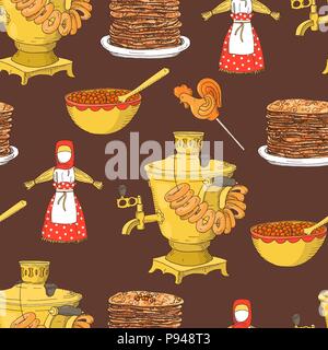 Hand drawn Shrovetide or Maslenitsa seamless pattern with samovar, pancakes, caviar on dark background. Greate Russian traditional holiday. Stock Vector