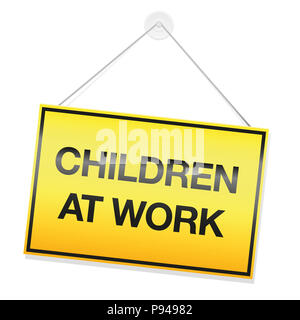 CHILDREN AT WORK signboard. Symbol for children doing their homework or cleaning up their kids room or for involuntary illegal child labor. Stock Photo