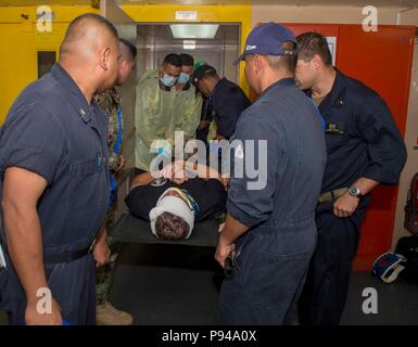 180711-N-NH199-0149 PACIFIC OCEAN (July 11, 2018) Sailors assigned to Military Sealift Command hospital ship USNS Mercy (T-AH 19), transfer a patient from the chemical decontamination rooms for further care during a search and rescue, and chemical decontamination exercise in support of Rim of the Pacific (RIMPAC), July 11.  Twenty-five nations, 46 ships and five submarines, about 200 aircraft, and 25,000 personnel are participating in RIMPAC from June 27 to Aug. 2 in and around the Hawaiian Islands and Southern California. The world’s largest international maritime exercise, RIMPAC provides a  Stock Photo