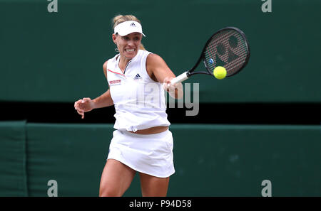 Angelique Kerber in action on day twelve of the Wimbledon Championships at the All England Lawn Tennis and Croquet Club, Wimbledon. PRESS ASSOCIATION Photo. Picture date: Saturday July 14, 2018. See PA story TENNIS Wimbledon. Photo credit should read: Steven Paston/PA Wire. RESTRICTIONS: Editorial use only. No commercial use without prior written consent of the AELTC. Still image use only - no moving images to emulate broadcast. No superimposing or removal of sponsor/ad logos. Call +44 (0)1158 447447 for further information. Stock Photo